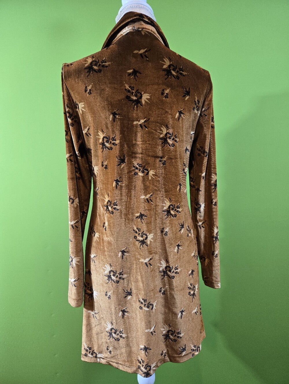 House of Harlow 1960 Velvet Ruched Mini Dress Brown Floral Long Sleeve MEDIUM - Picture 7 of 11